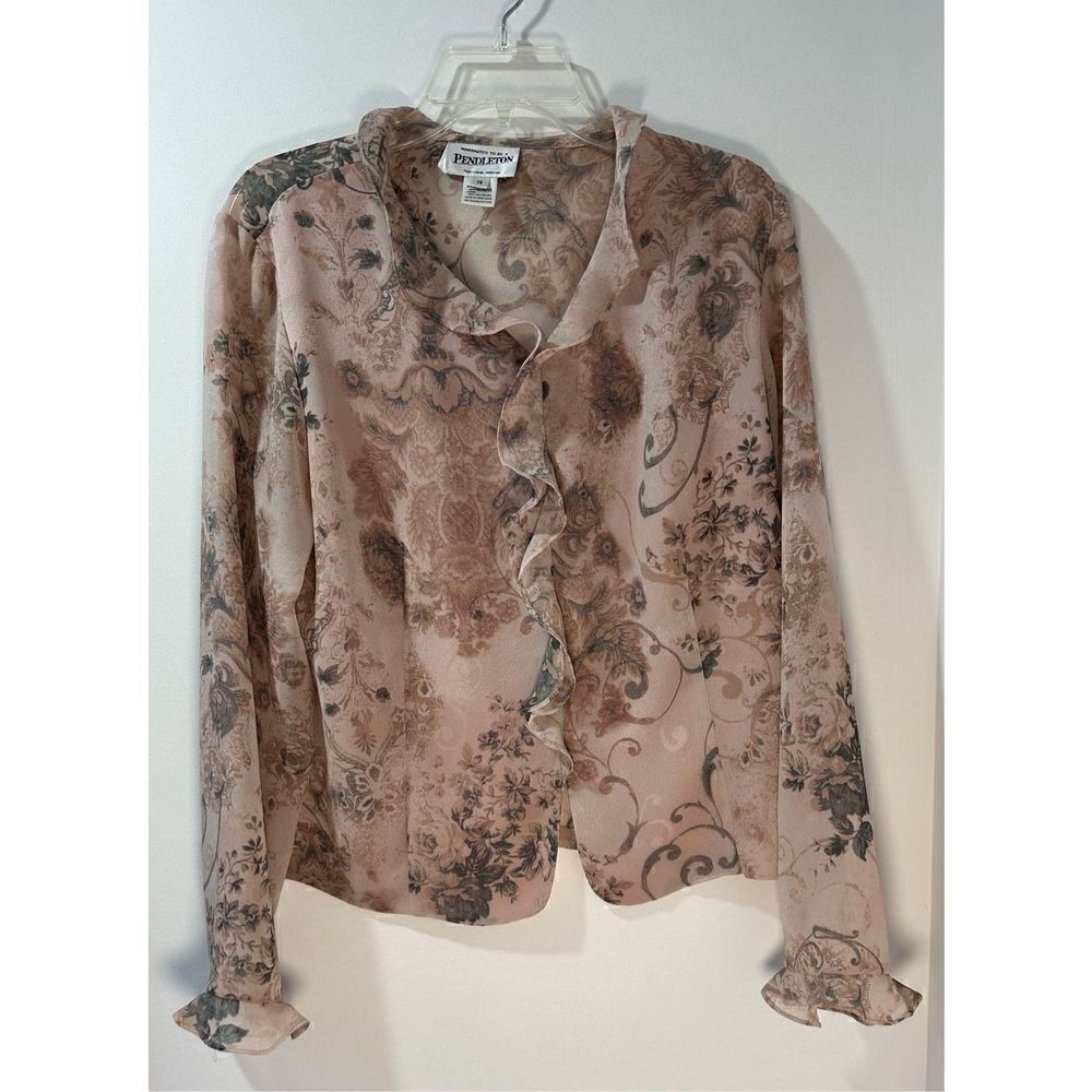 Pendleton rose pink women’s sheer long sleeve floral sheer top size 14. #30-1082
